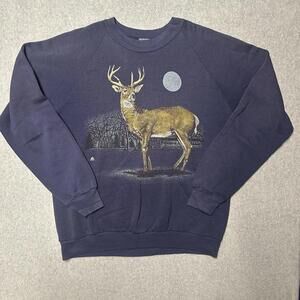 Vintage 80s Sweatshirt Men’s Large Blue Jerzees Hand Painted Deer Outdoor 1987
